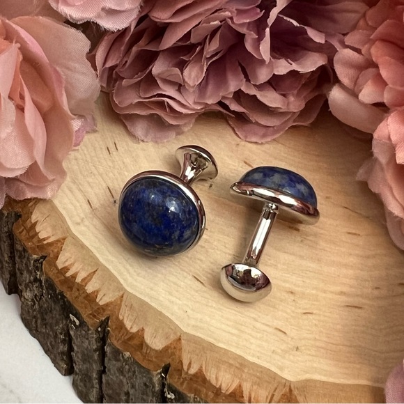 Elegant Round Blue Lapis Lazuli Cufflinks - Picture 11 of 17